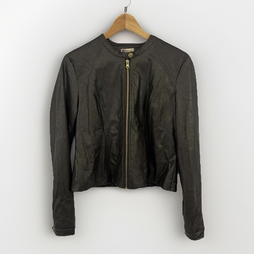 Tulle Anthropologie Crop Moto Jacket Vegan Leather Espresso Brown Womens Sz M‎